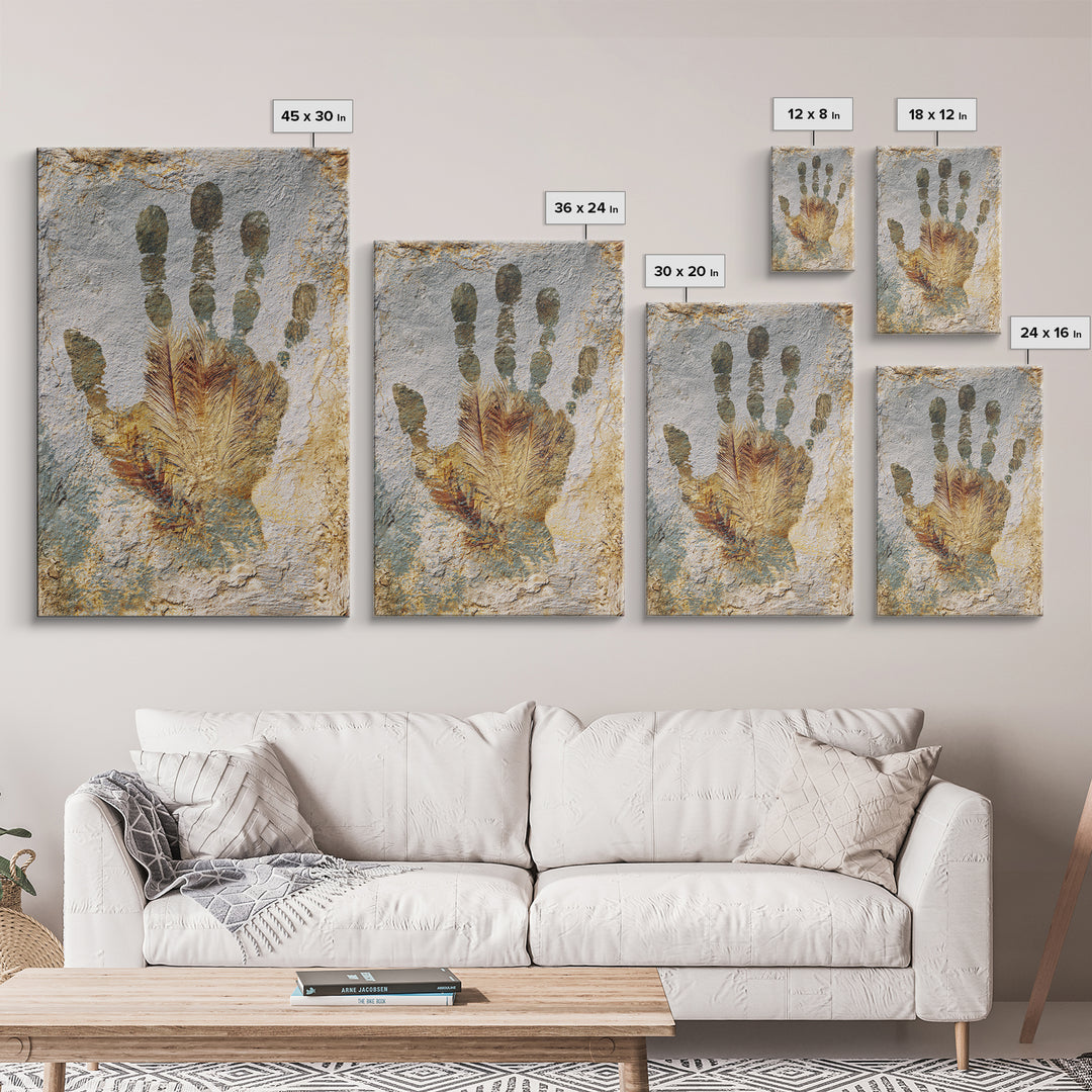Handprint and Animal Track Composition Framed Canvas Print, Tribal Art, Earthy, Living Room Decor, Fine Art, Tribal, TRI-2x3-97