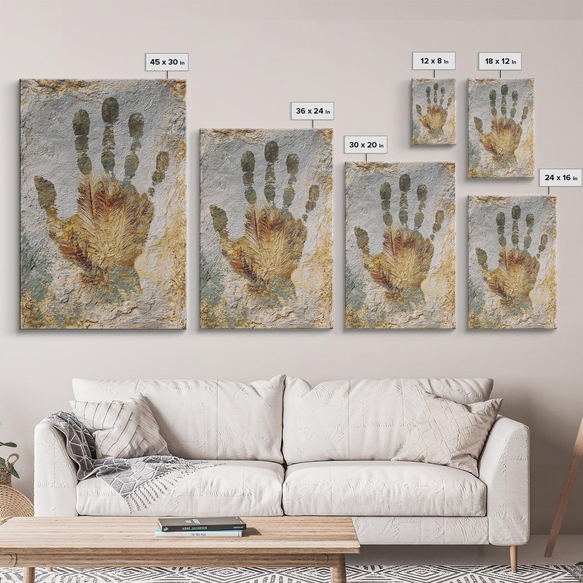 Handprint and Animal Track Composition Framed Canvas Print, Tribal Art, Earthy, Living Room Decor, Fine Art, Tribal, TRI-2x3-97