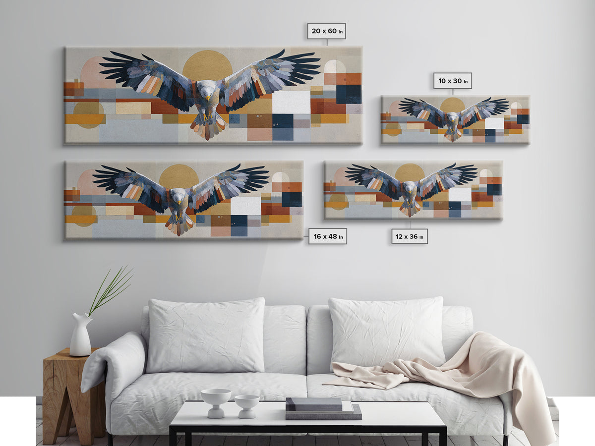 Eagle Totem with Feathers and Geometric Shapes Canvas Print, Tribal Art, Southwestern Decor, Living Room Decor, Abstract Art, TRI-3x1-4