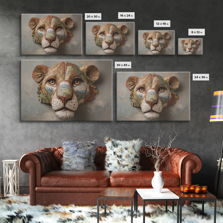 Lion Mask Abstraction Canvas Print, Tribal Art, Textured Painting, Living Room Decor, Abstract Art, Tribal, Unique Wall Art, TRI-3x2-44
