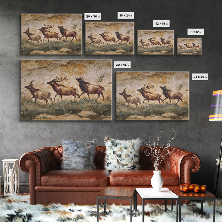 Ancient Cave Art Running Animals Framed Canvas Print, Tribal Art, Wall Art, Living Room Decor, Tribal, Abstract Painting, TRI-3x2-85
