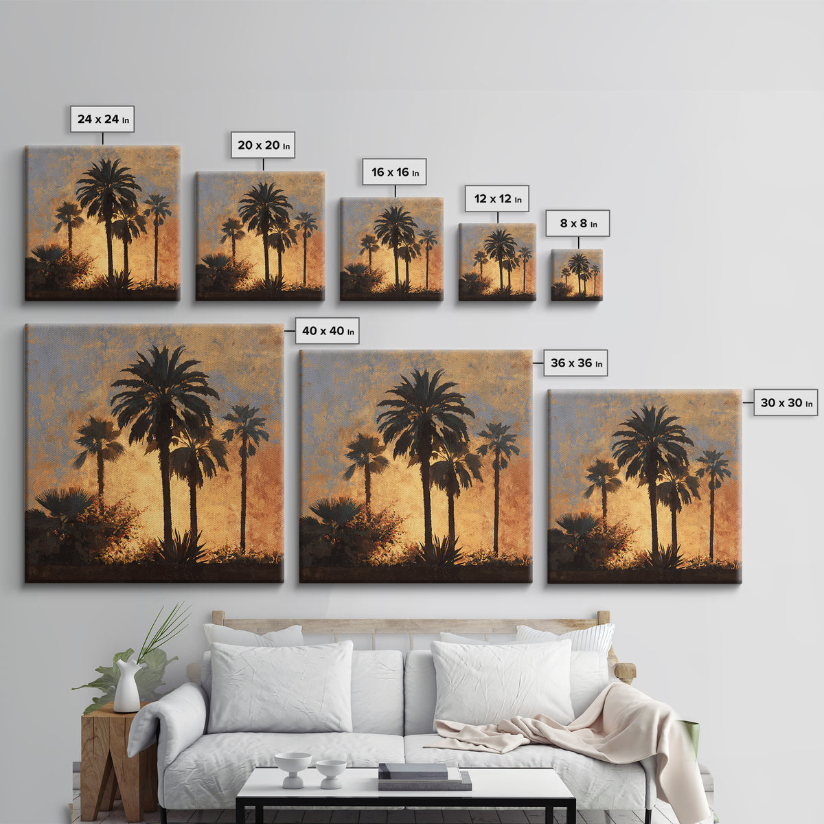 Palm Tree Silhouettes Framed Canvas Print, Tropical Art, Beach Prints, Living Room Decor, Watercolor Art, Tropic, TRO-1x1-100