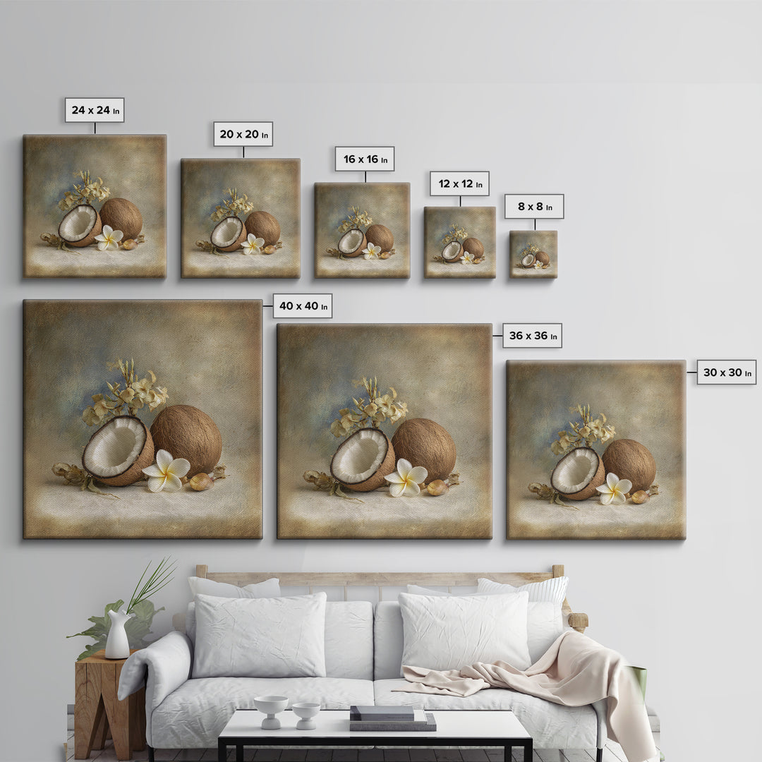 Coconut and Plumeria Still Life Framed Canvas Print, Tropical Art, Decor, Living Room Decor, Fine Art, Tropic, Bird Art, TRO-1x1-12
