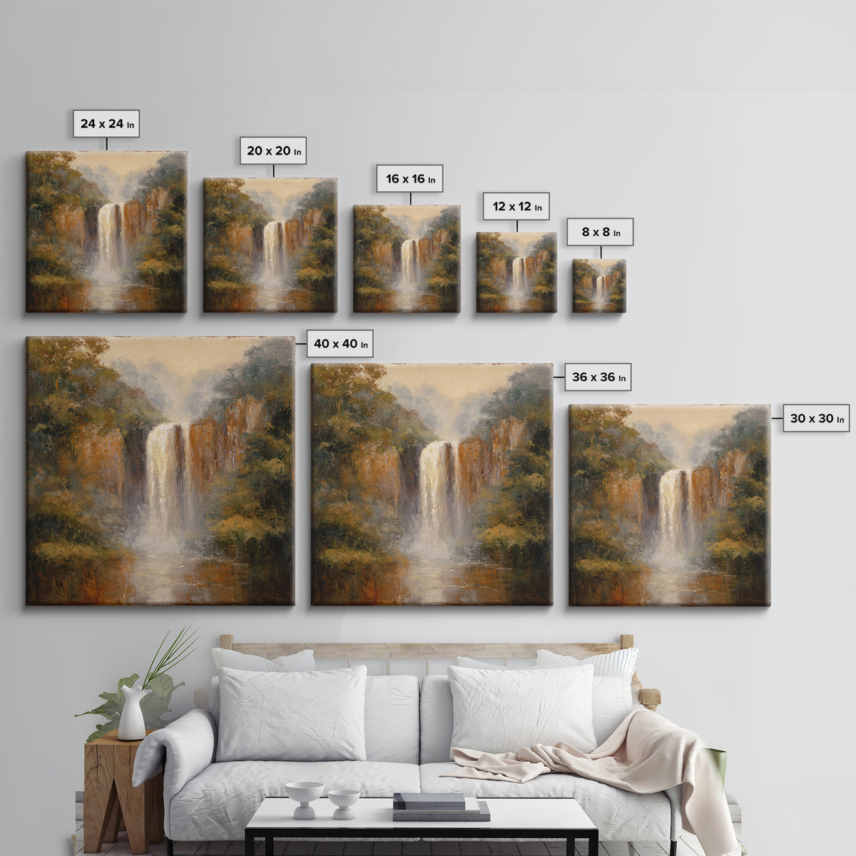 Jungle Waterfall with Misty Light Canvas Print, Tropical Art, Beach Prints, Living Room Decor, Watercolor Art, Tropic, TRO-1x1-13