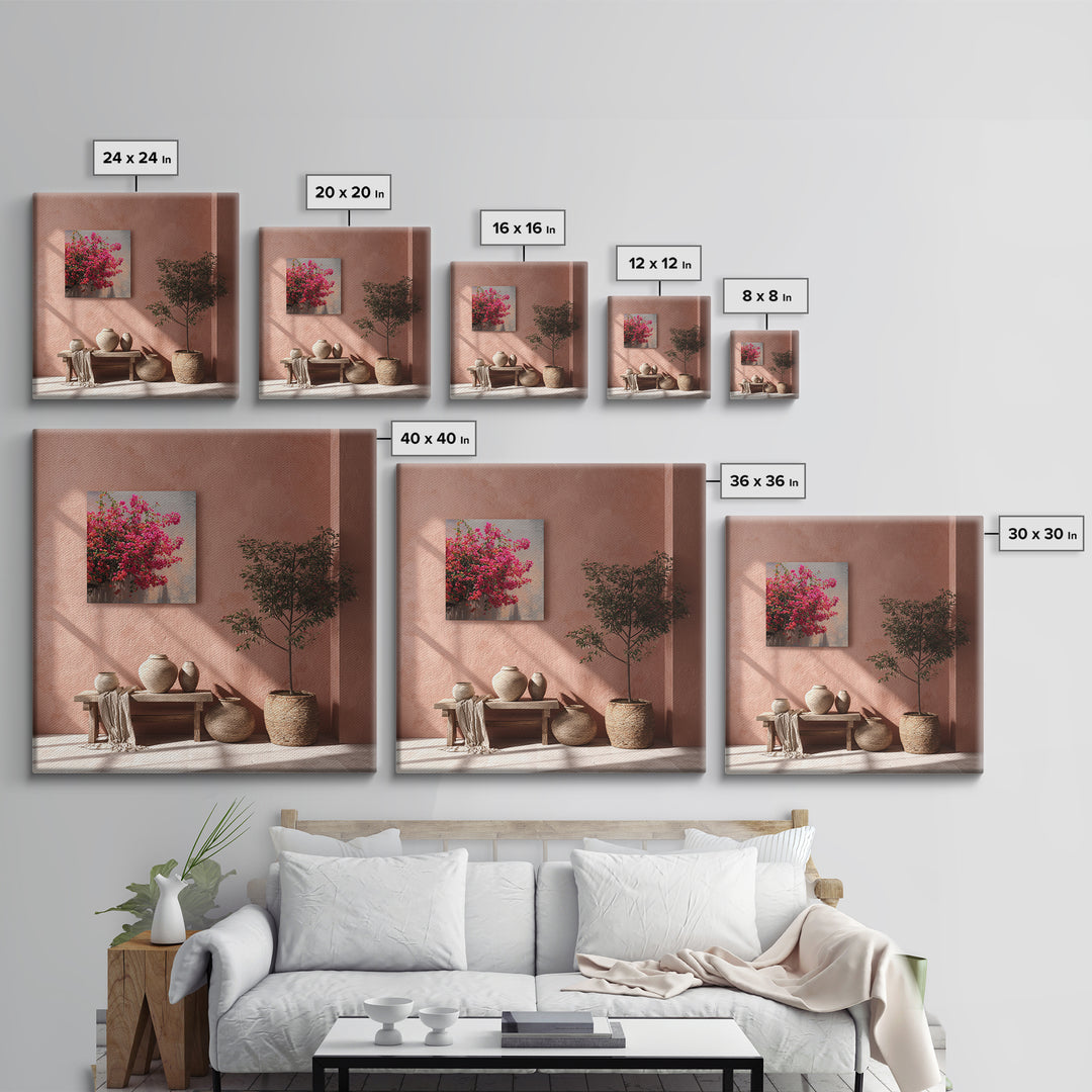 Pink Bougainvillea over White Wall Framed Canvas Print, Tropical Art, Bird Art, Living Room Decor, Watercolor Art, Tropic, TRO-1x1-16