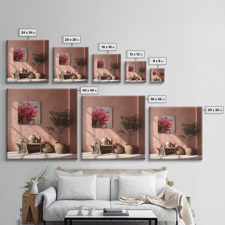 Pink Bougainvillea over White Wall Framed Canvas Print, Tropical Art, Bird Art, Living Room Decor, Watercolor Art, Tropic, TRO-1x1-16