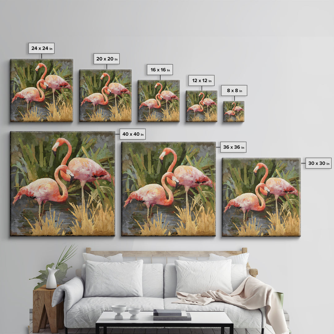 Pink Flamingos Among Tropical Water Plants Framed Canvas Print, Tropical Art, Beach Wall Art, Living Room Decor, Tropic, TRO-1x1-2