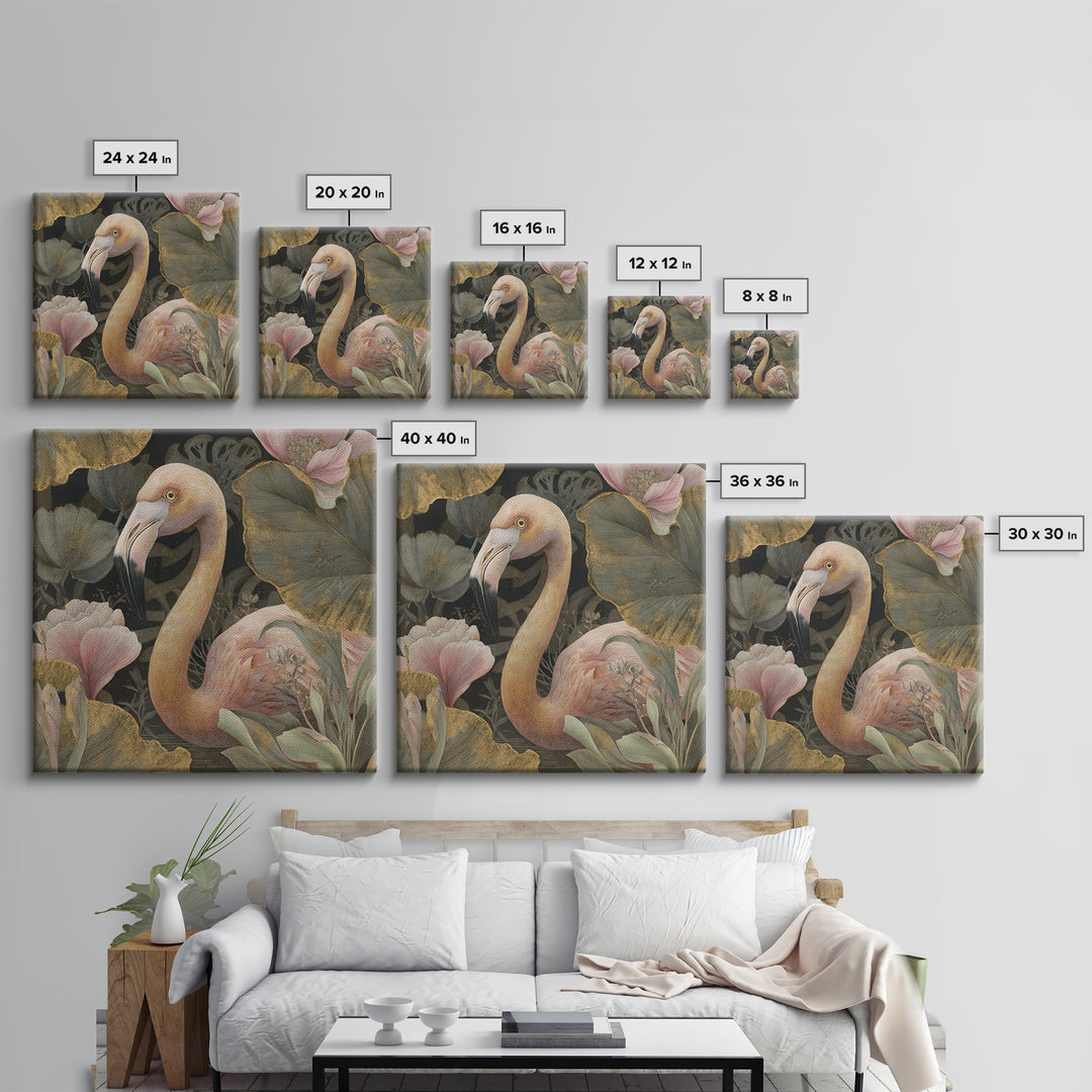 Pink Flamingos Among Tropical Water Plants Canvas Print, Tropical Art, Whimsical Art, Living Room Decor, Fine Art, Tropic, TRO-1x1-26