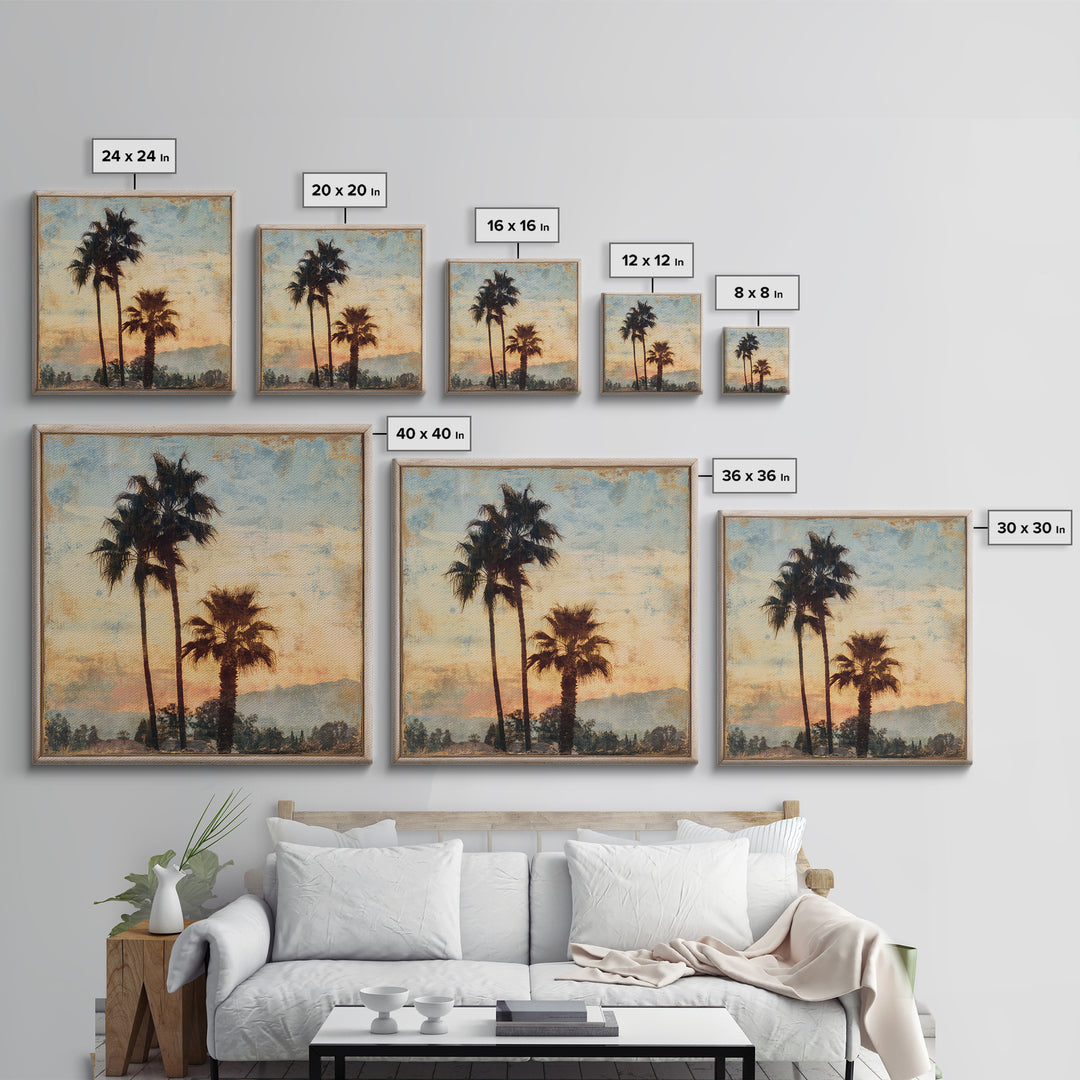 Palm Tree Silhouettes Framed Canvas Print, Tropical Art, Digital Art, Living Room Decor, Oil Painting, Tropic, Watercolor Art, TRO-1x1-28