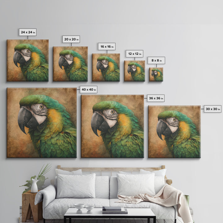 Parrot Portrait with Emerald Feathers Framed Canvas Print, Tropical Art, Gallery Decor, Living Room Decor, Fine Art, Tropic, TRO-1x1-32