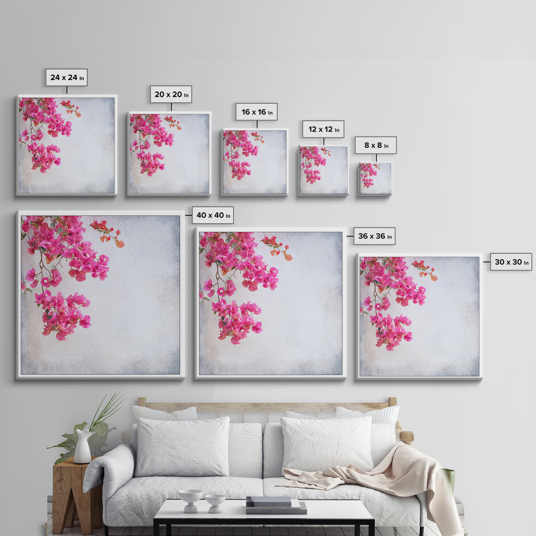 Pink Bougainvillea over White Wall Framed Canvas Print, Tropical Art, Room Decor, Living Room Decor, Fine Art, Tropic, TRO-1x1-40