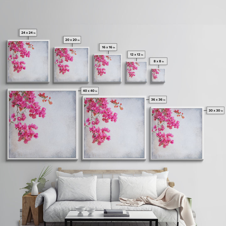 Pink Bougainvillea over White Wall Framed Canvas Print, Tropical Art, Room Decor, Living Room Decor, Fine Art, Tropic, TRO-1x1-40