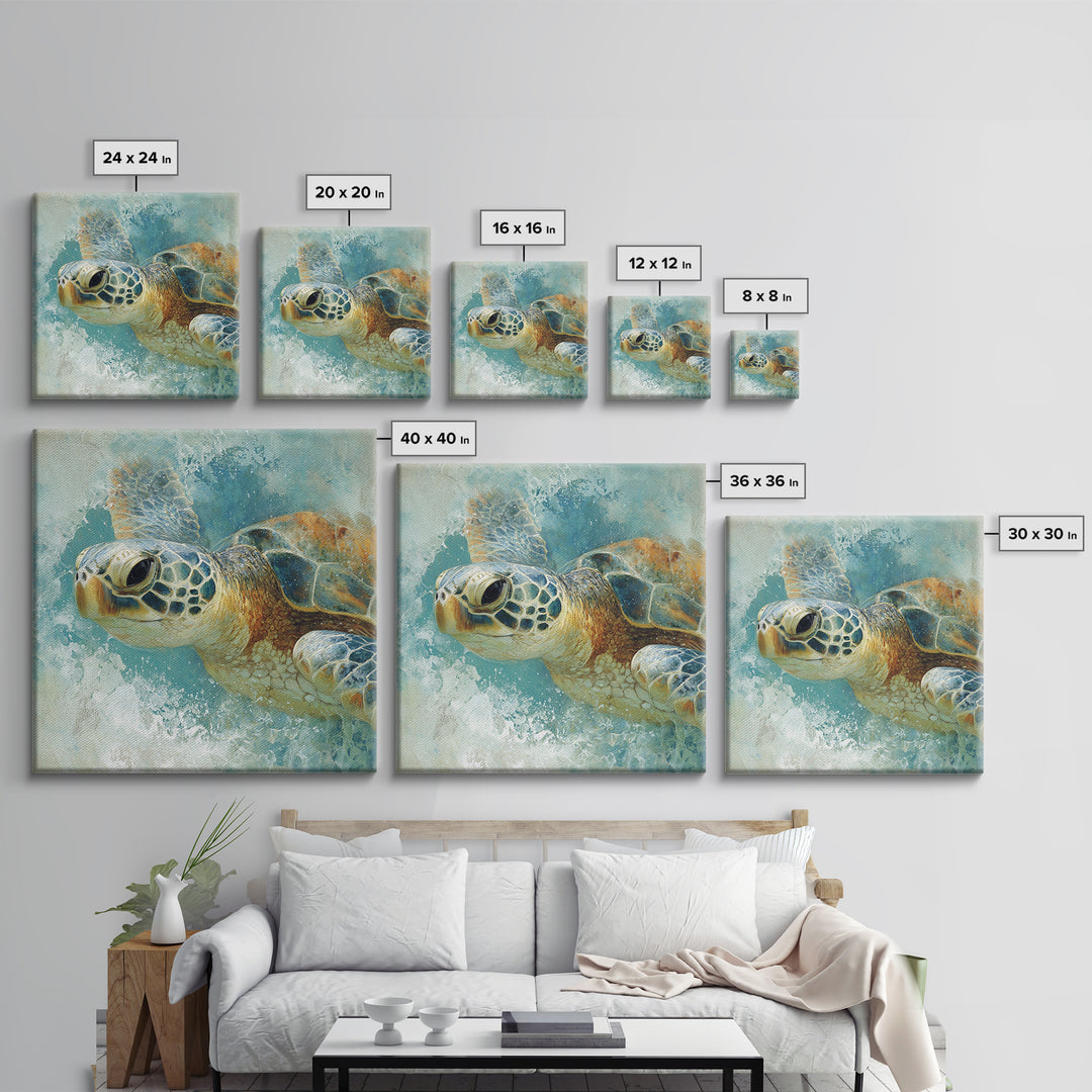 Sea Turtle Near Tropical Reef Framed Canvas Print, Tropical Art, Beach Decor, Living Room Decor, Oil Painting, Tropic, TRO-1x1-43