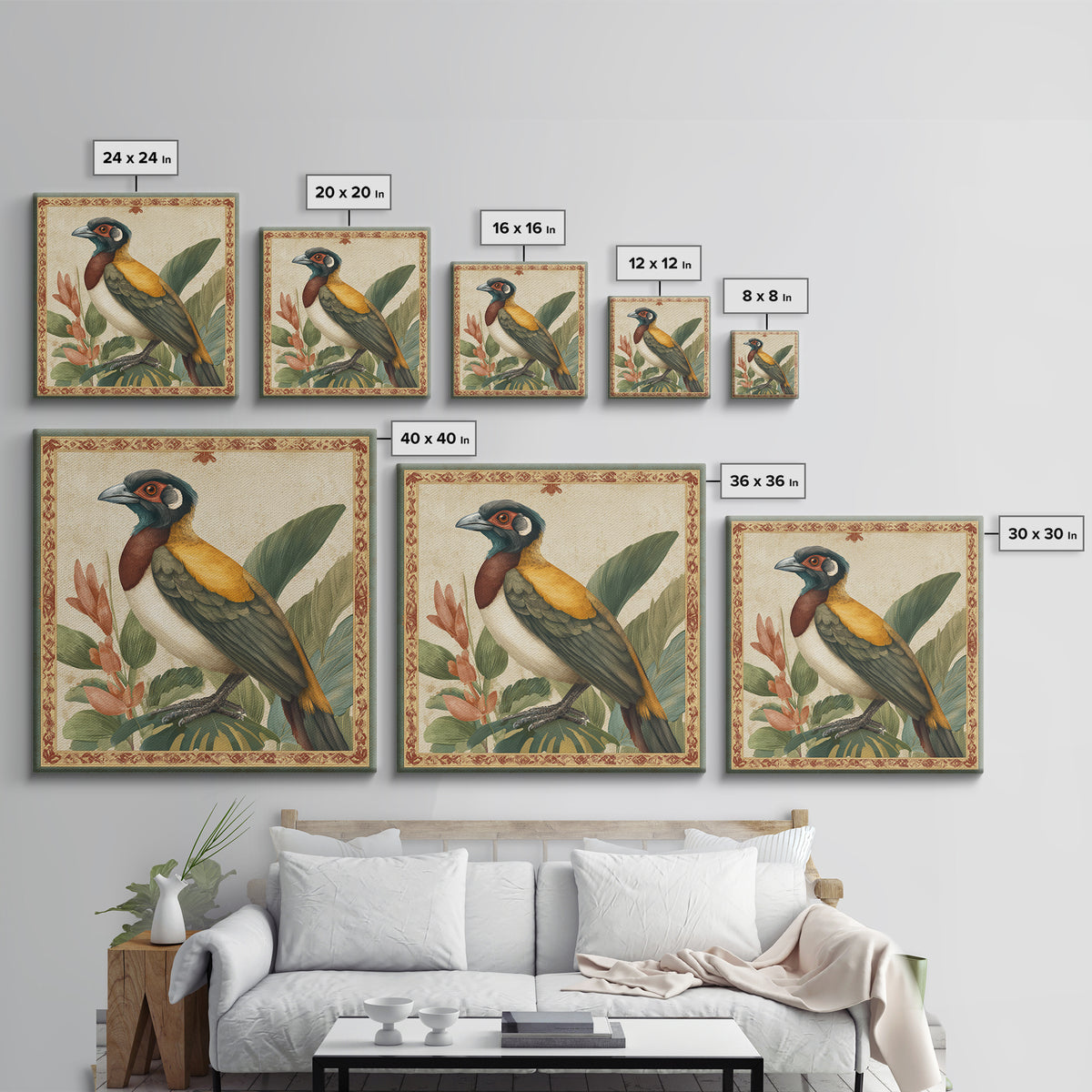 Colorful Jungle Bird Pattern Framed Canvas Print, Tropical Art, Digital Print, Living Room Decor, Tropic, Downloadable Prints, TRO-1x1-44