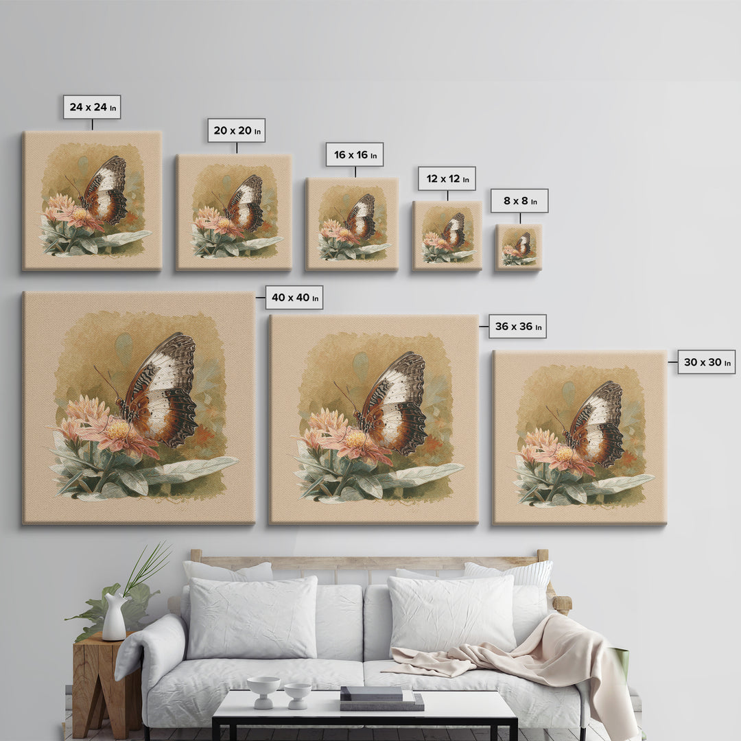 Tropical Butterfly and Flower Study Framed Canvas Print, Tropical Art, Set of 3 Prints, Living Room Decor, Fine Art, Tropic, TRO-1x1-47