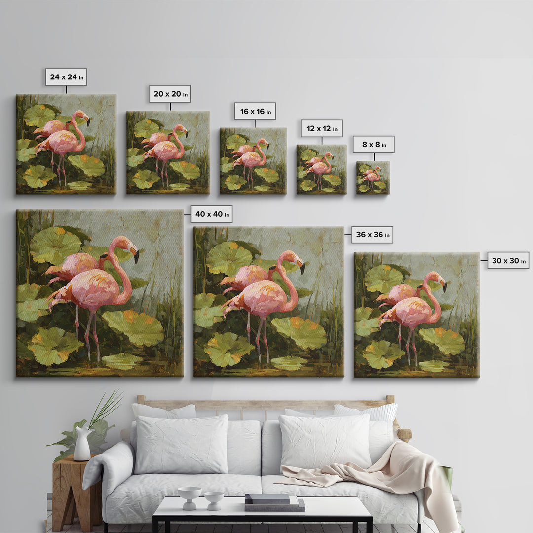Pink Flamingos Among Tropical Water Plants Canvas Print, Tropical Art, Whimsical Art, Living Room Decor, Fine Art, Tropic, TRO-1x1-50