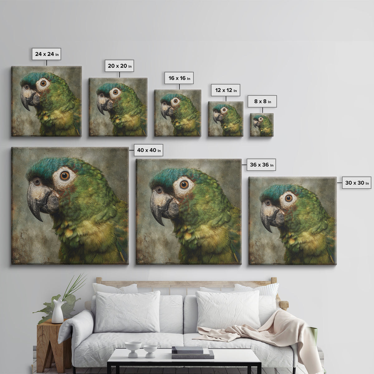 Parrot Portrait with Emerald Feathers Framed Canvas Print, Tropical Art, Digital Print, Living Room Decor, Fine Art, Tropic, TRO-1x1-56