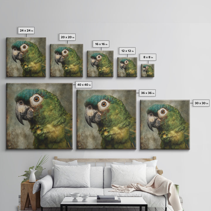 Parrot Portrait with Emerald Feathers Framed Canvas Print, Tropical Art, Digital Print, Living Room Decor, Fine Art, Tropic, TRO-1x1-56