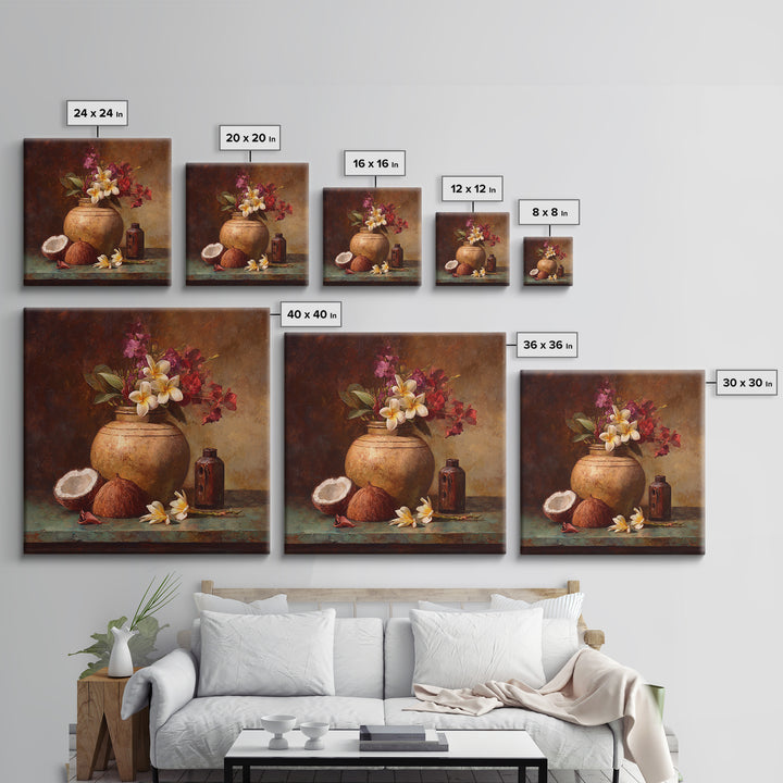 Coconut and Plumeria Still Life Canvas Print, Tropical Art, Coastal Decor, Living Room Decor, Fine Art, Tropic, Modern Decor, TRO-1x1-60
