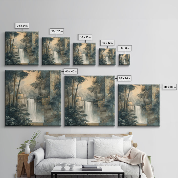 Jungle Waterfall with Misty Light Framed Canvas Print, Tropical Art, Boho Decor, Living Room Decor, Oil Painting, Tropic, TRO-1x1-61