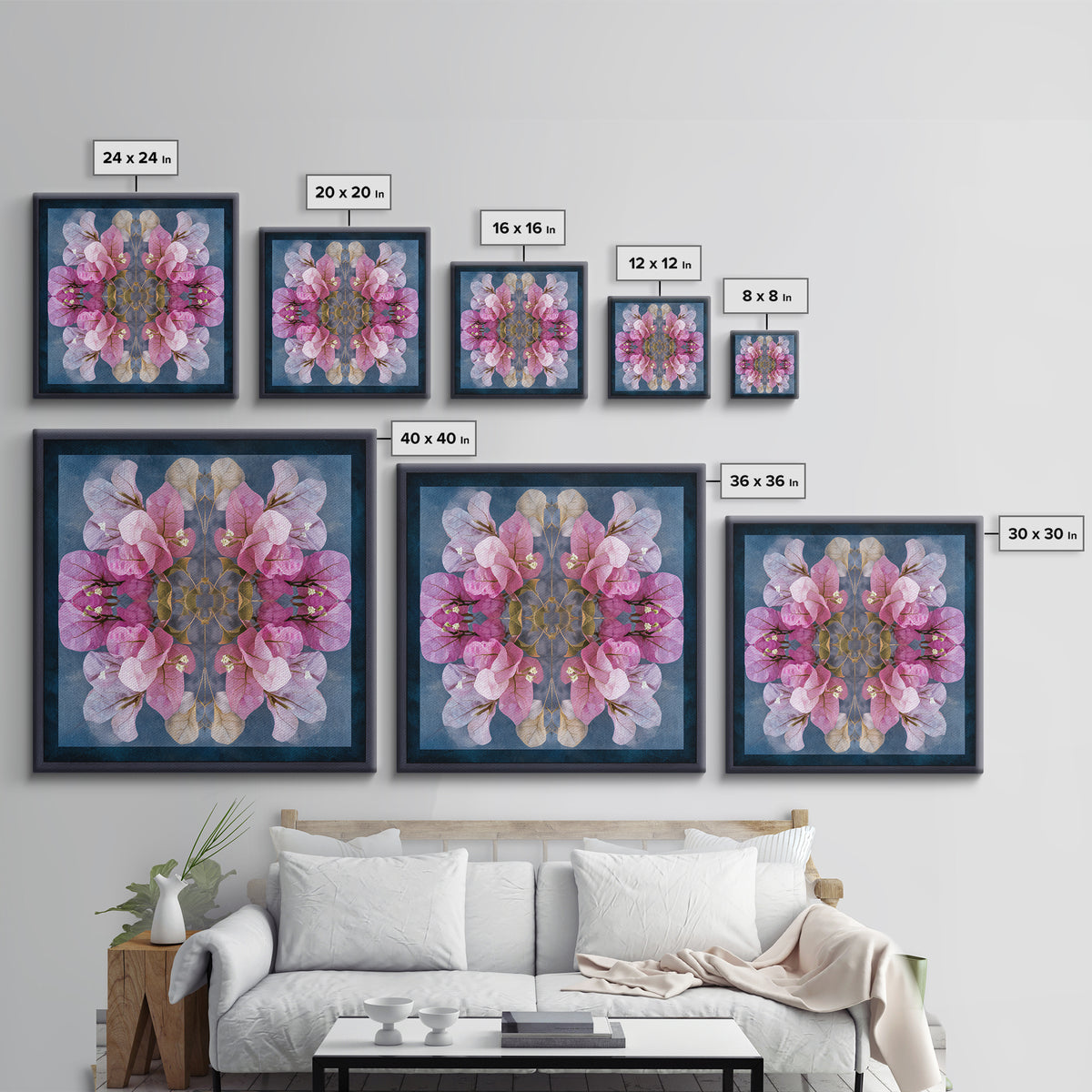 Pink Bougainvillea over White Wall Framed Canvas Print, Tropical Art, Abstract Painting, Living Room Decor, Fine Art, Tropic, TRO-1x1-64