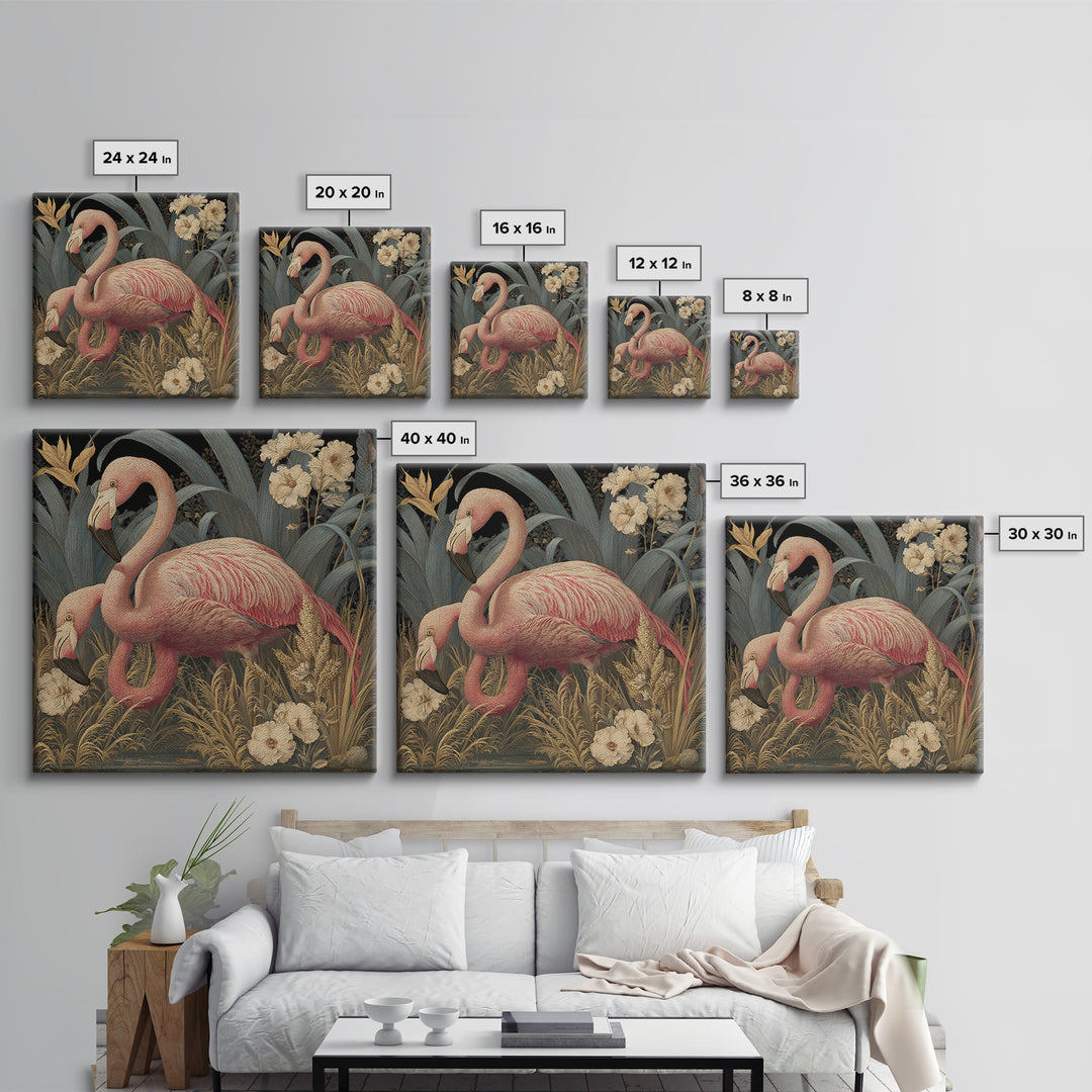 Pink Flamingos Among Tropical Water Plants Framed Canvas Print, Tropical Art, Fine Art Print, Living Room Decor, Tropic, TRO-1x1-74