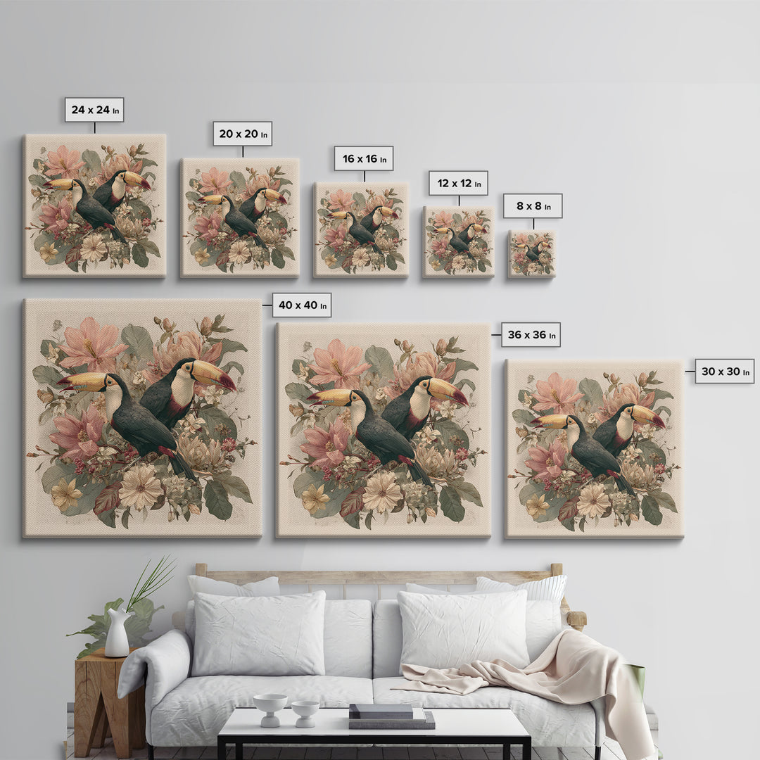 Toucans Surrounded by Bright Jungle Flowers Canvas Print, Tropical Art, Statement Artwork, Living Room Decor, Fine Art, Tropic, TRO-1x1-75