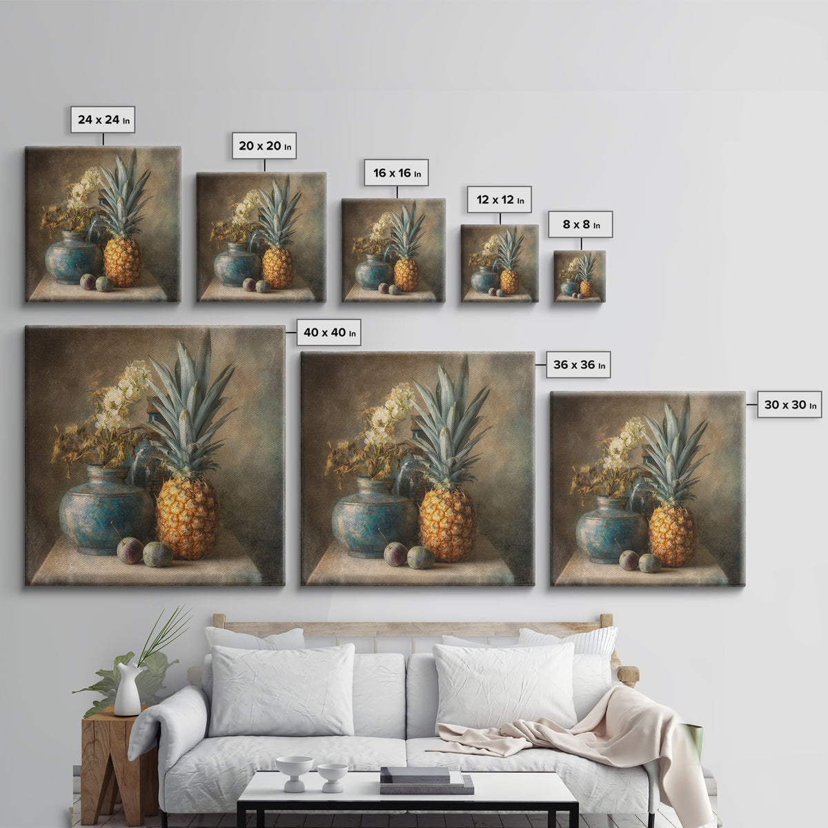 Pineapple and Palm Still Life Framed Canvas Print, Tropical Art, Statement Artwork, Living Room Decor, Fine Art, Tropic, TRO-1x1-78