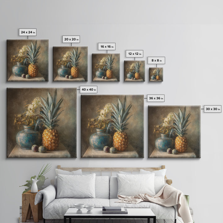 Pineapple and Palm Still Life Framed Canvas Print, Tropical Art, Statement Artwork, Living Room Decor, Fine Art, Tropic, TRO-1x1-78