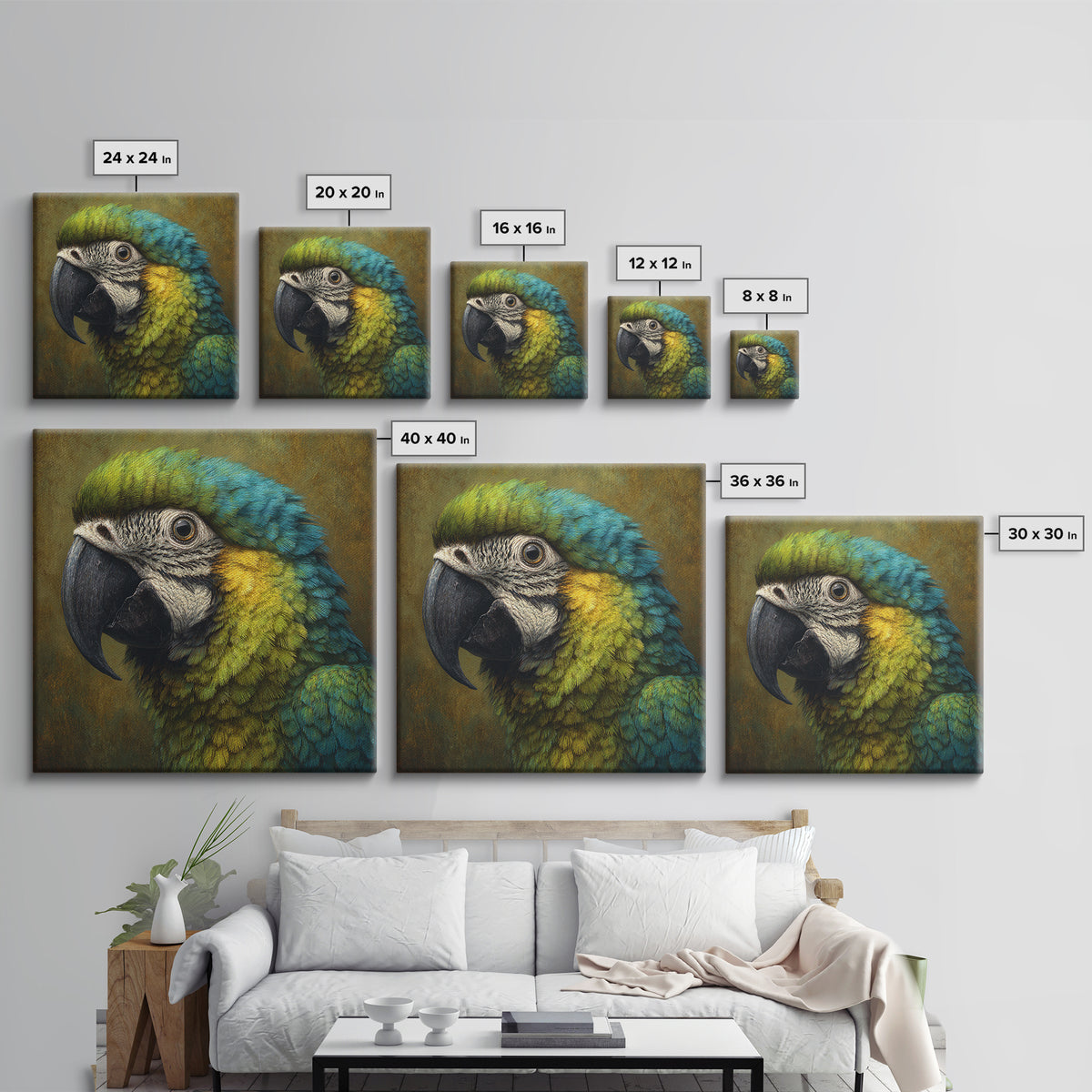 Parrot Portrait with Emerald Feathers Framed Canvas Print, Tropical Art, Printable, Living Room Decor, Fine Art, Tropic, TRO-1x1-8