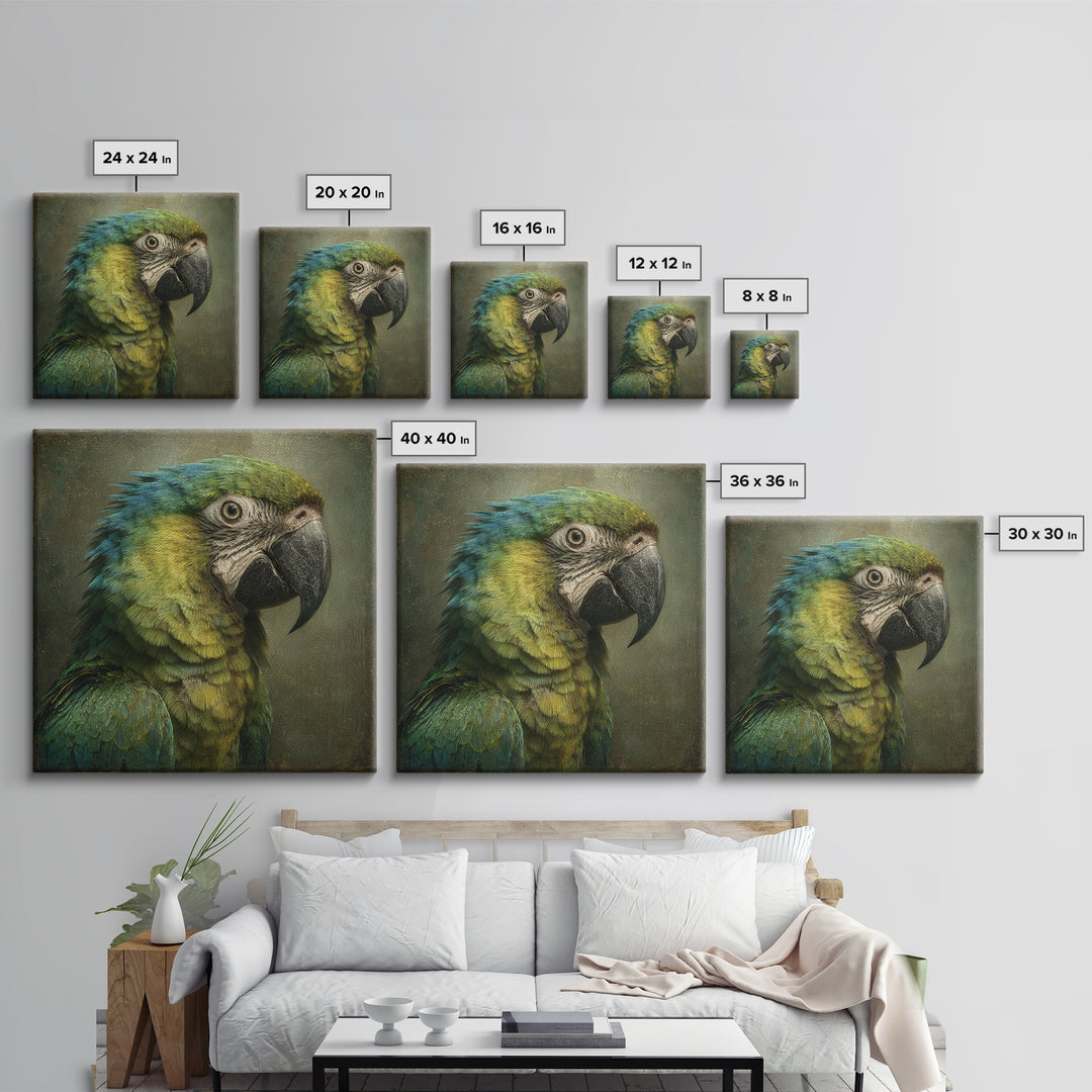 Parrot Portrait with Emerald Feathers Framed Canvas Print, Tropical Art, Fine Art Print, Living Room Decor, Oil Painting, TRO-1x1-80