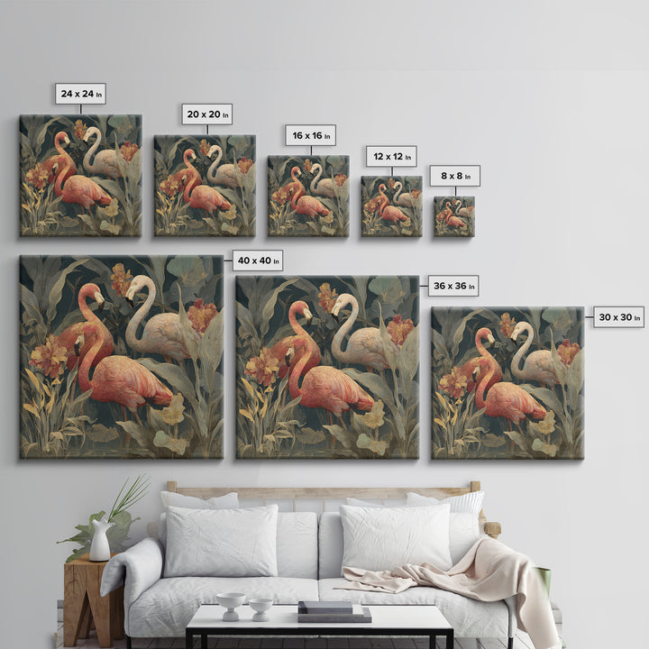 Pink Flamingos Among Tropical Water Plants Canvas Print, Tropical Art, Textured Painting, Living Room Decor, Fine Art, Tropic, TRO-1x1-98