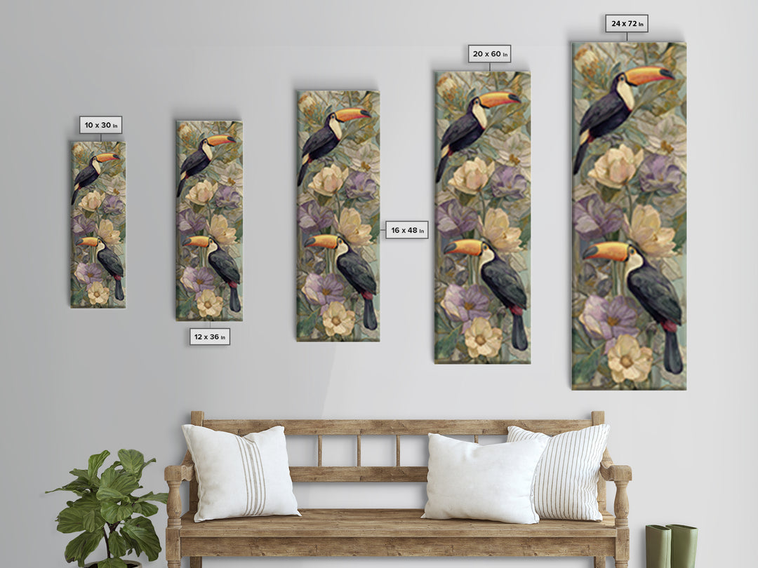 Toucans Surrounded by Bright Jungle Flowers Framed Canvas Print, Tropical Art, Printable Art, Living Room Decor, Tropic, TRO-1x3-15