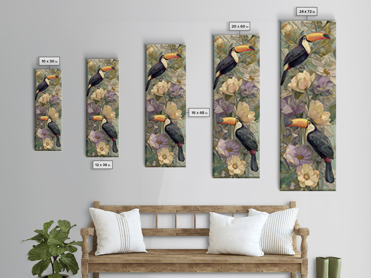 Toucans Surrounded by Bright Jungle Flowers Framed Canvas Print, Tropical Art, Printable Art, Living Room Decor, Tropic, TRO-1x3-15