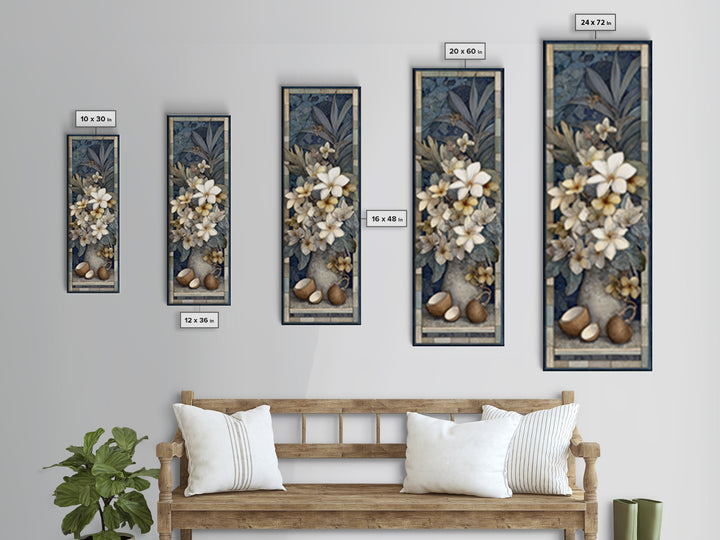 Coconut and Plumeria Still Life Framed Canvas Print, Tropical Art, Decor, Living Room Decor, Fine Art, Tropic, Bird Art, TRO-1x3-24