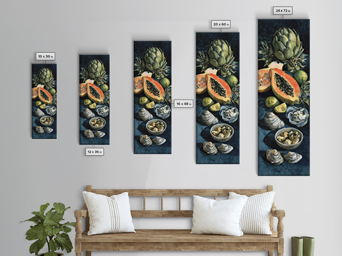 Bright Papaya and Lime Still Life Framed Canvas Print, Tropical Art, Art Print, Living Room Decor, Tropic, Abstract Painting, TRO-1x3-36