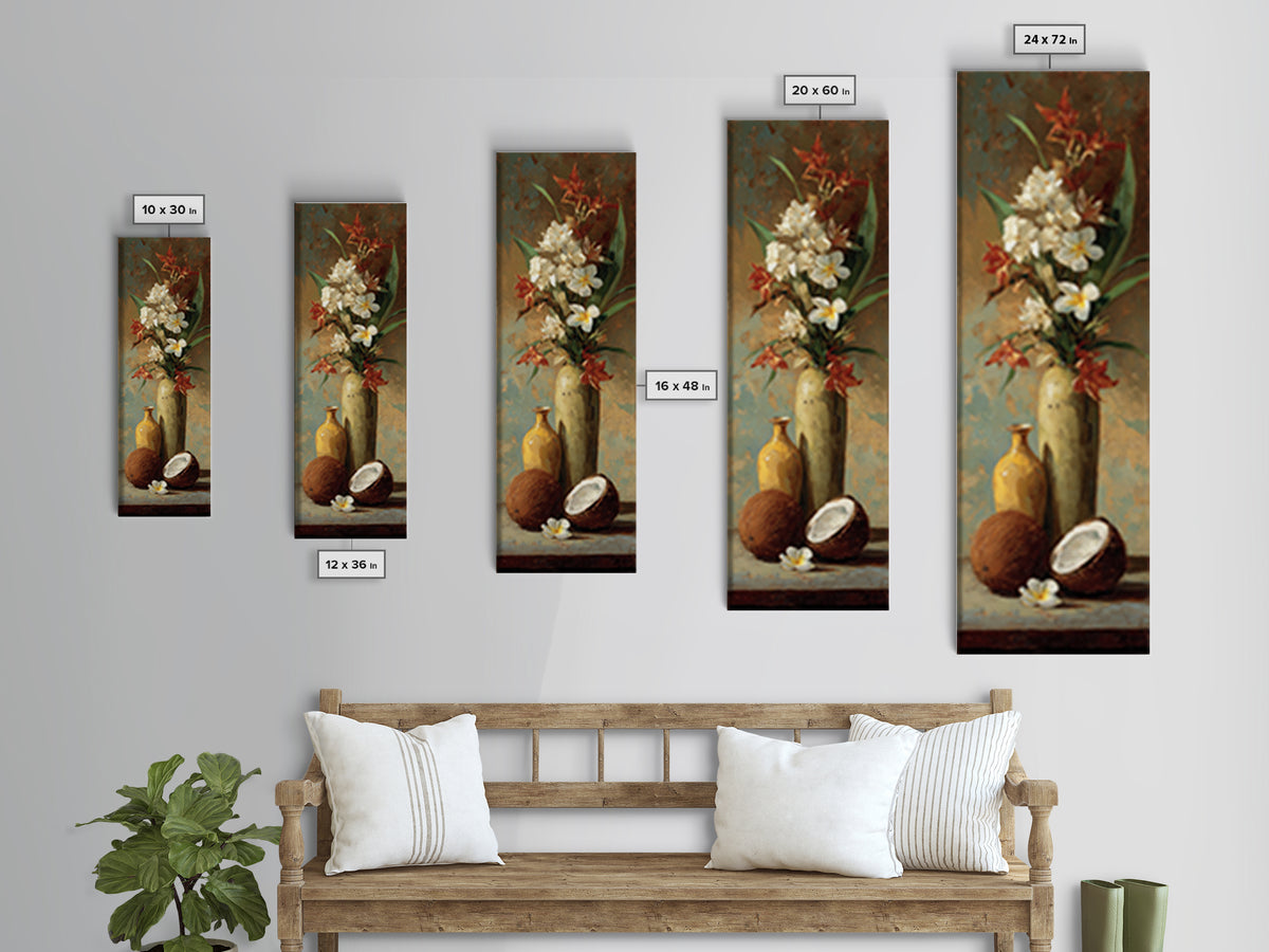 Coconut and Plumeria Still Life Canvas Print, Tropical Art, Printable Wall Art, Living Room Decor, Watercolor Art, Tropic, TRO-1x3-48