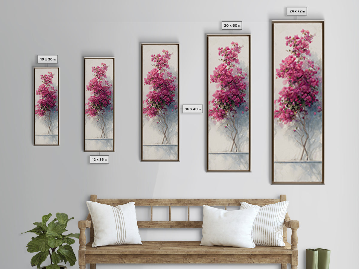 Pink Bougainvillea over White Wall Framed Canvas Print, Tropical Art, Wall Art Prints, Living Room Decor, Fine Art, Tropic, TRO-1x3-52