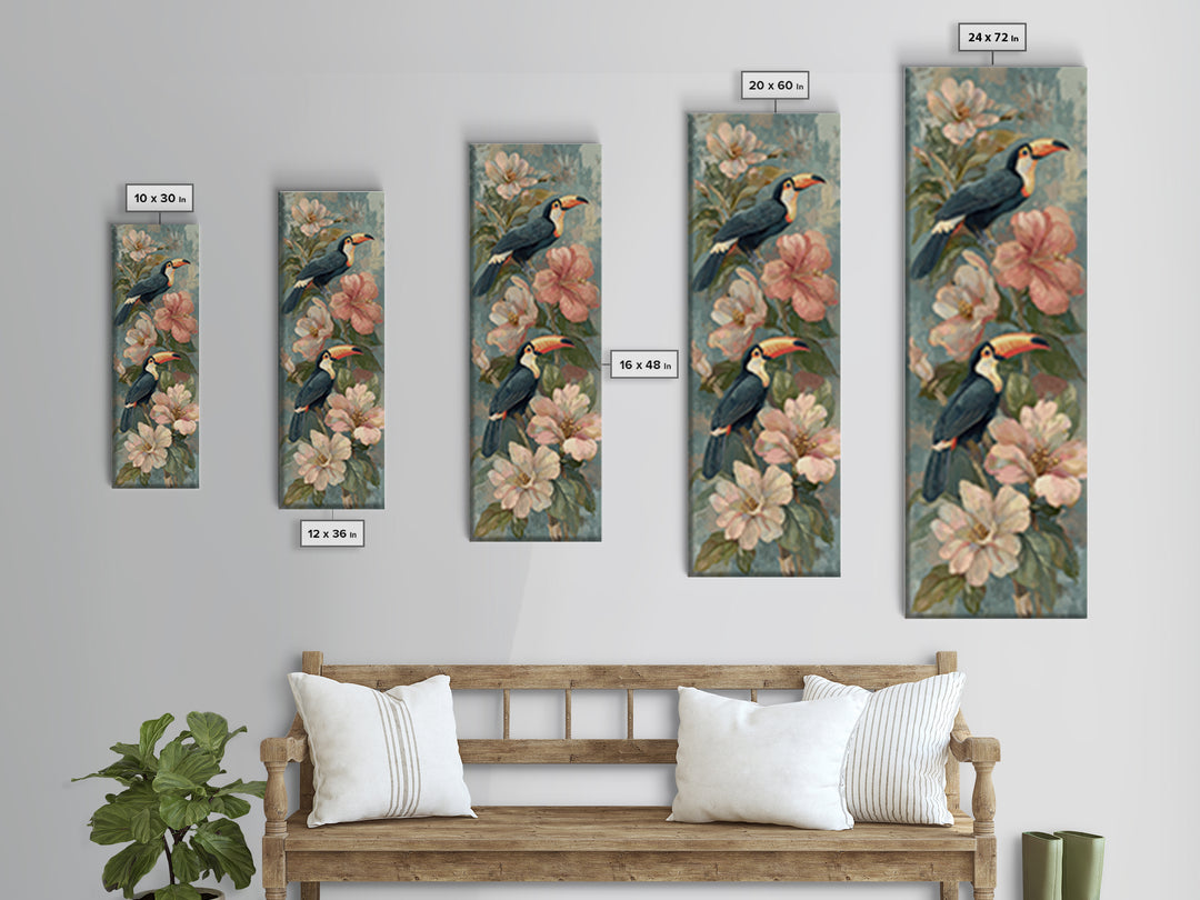Toucans Surrounded by Bright Jungle Flowers Canvas Print, Tropical Art, Botanical Art, Living Room Decor, Watercolor Art, TRO-1x3-63