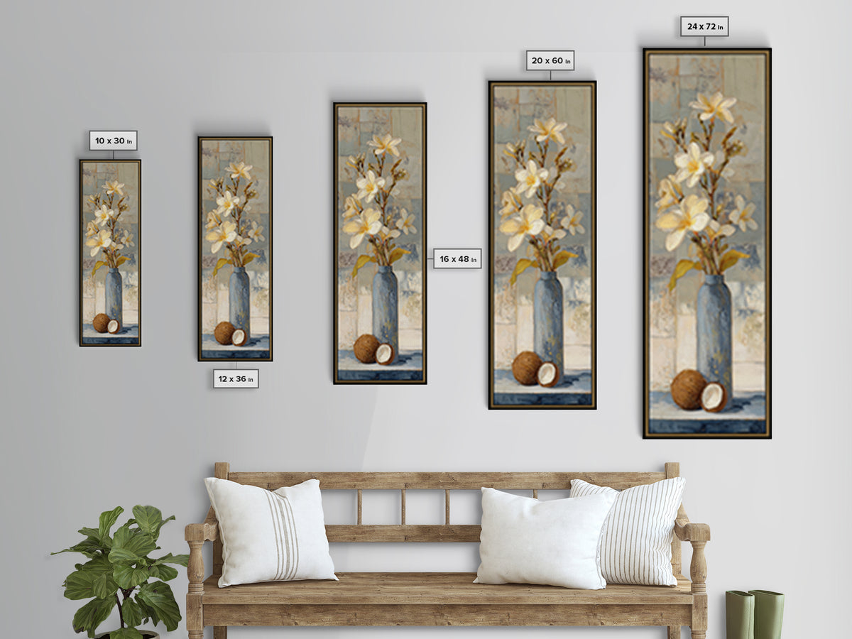 Coconut and Plumeria Still Life Canvas Print, Tropical Art, Coastal Decor, Living Room Decor, Fine Art, Tropic, Modern Decor, TRO-1x3-72