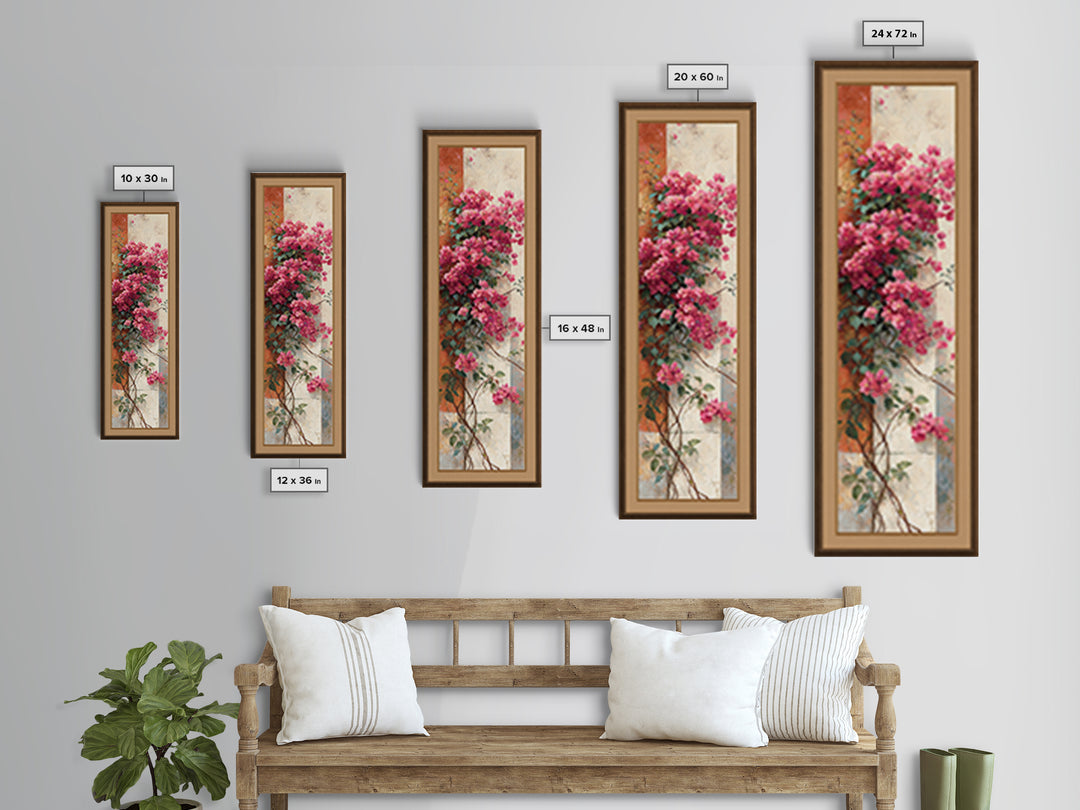 Pink Bougainvillea over White Wall Framed Canvas Print, Tropical Art, Beach Decor, Living Room Decor, Oil Painting, Tropic, TRO-1x3-76