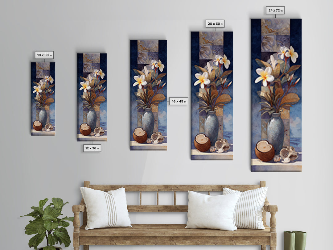 Coconut and Plumeria Still Life Framed Canvas Print, Tropical Art, Beach Print, Living Room Decor, Abstract Art, Tropic, TRO-1x3-96