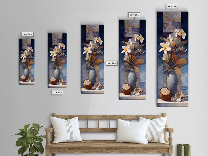 Coconut and Plumeria Still Life Framed Canvas Print, Tropical Art, Beach Print, Living Room Decor, Abstract Art, Tropic, TRO-1x3-96