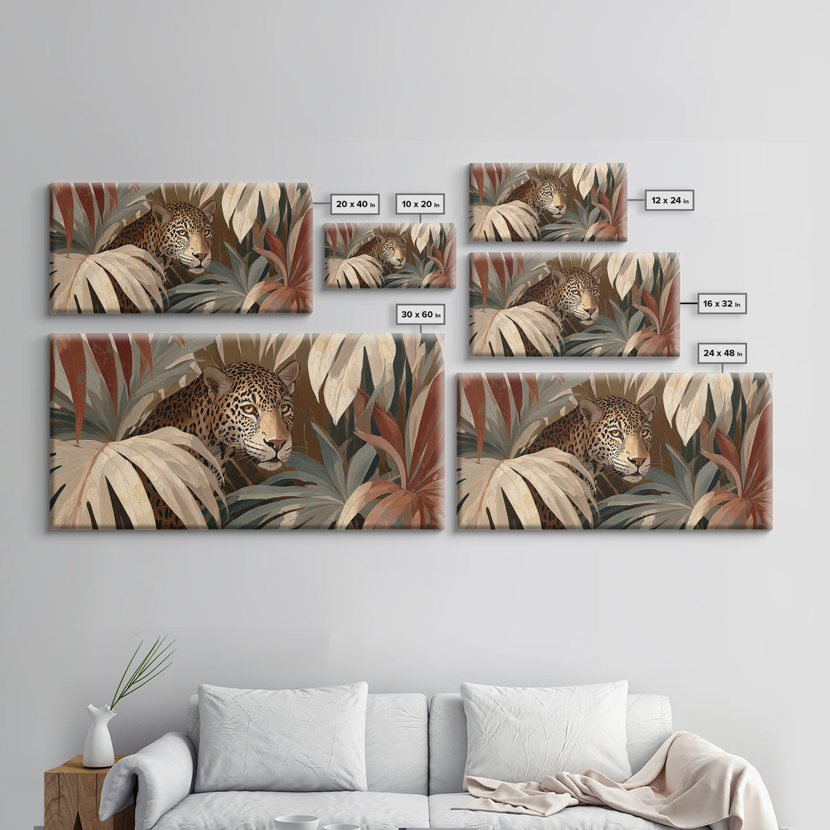 Leopard Hidden Among Palm Leaves Framed Canvas Print, Tropical Art, Contemporary Art, Living Room Decor, Fine Art, Tropic, TRO-2x1-10