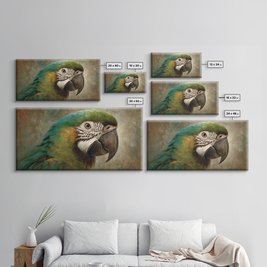 Parrot Portrait with Emerald Feathers Framed Canvas Print, Tropical Art, Beach Wall Art, Living Room Decor, Fine Art, Tropic, TRO-2x1-100