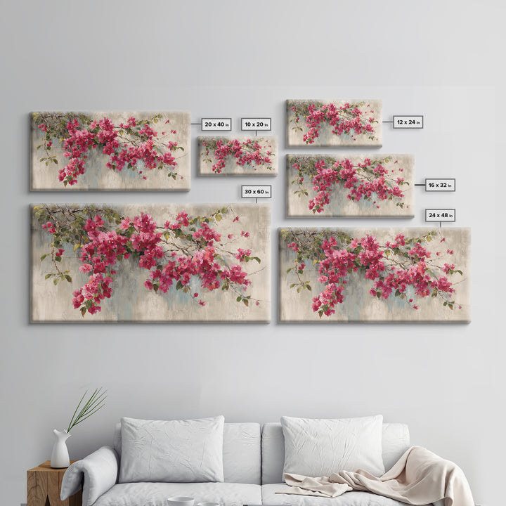 Pink Bougainvillea over White Wall Framed Canvas Print, Tropical Art, Room Decor, Living Room Decor, Fine Art, Tropic, TRO-2x1-12