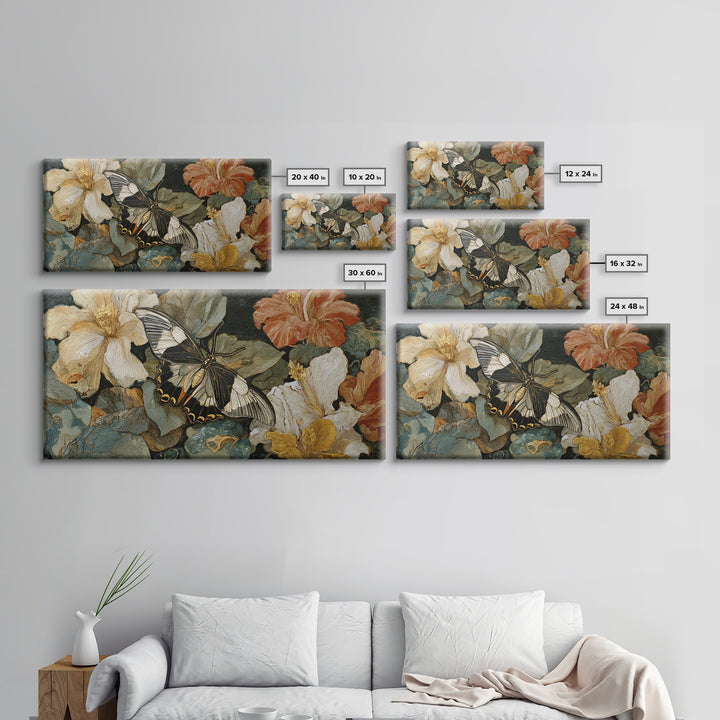 Tropical Butterfly and Flower Study Framed Canvas Print, Tropical Art, Whimsical Art, Living Room Decor, Watercolor Art, Tropic, TRO-2x1-19