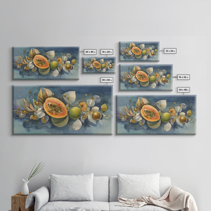 Bright Papaya and Lime Still Life Framed Canvas Print, Tropical Art, Statement Artwork, Living Room Decor, Fine Art, Tropic, TRO-2x1-20