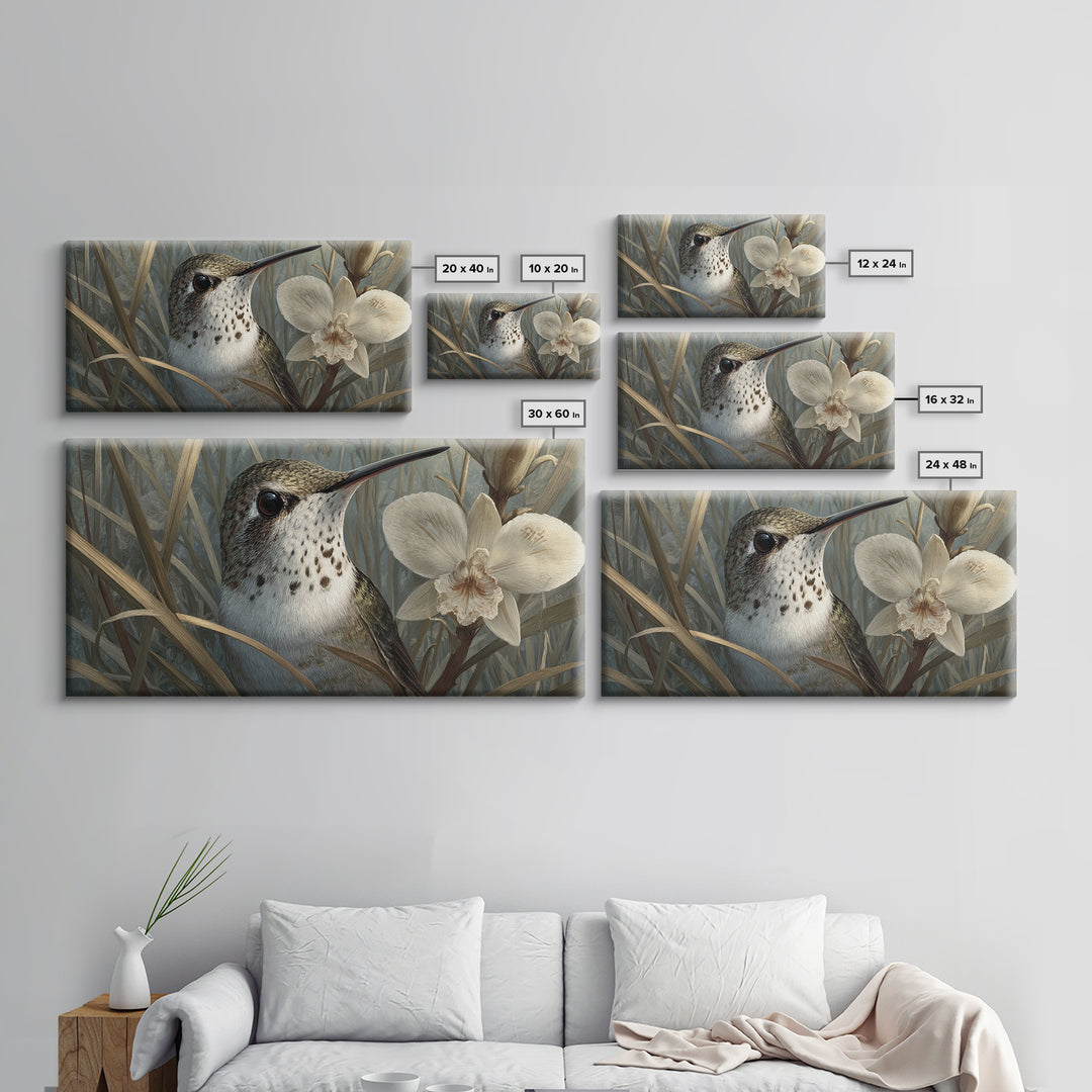 Orchid and Hummingbird Composition Framed Canvas Print, Tropical Art, Minimalist Decor, Living Room Decor, Fine Art, Tropic, TRO-2x1-30