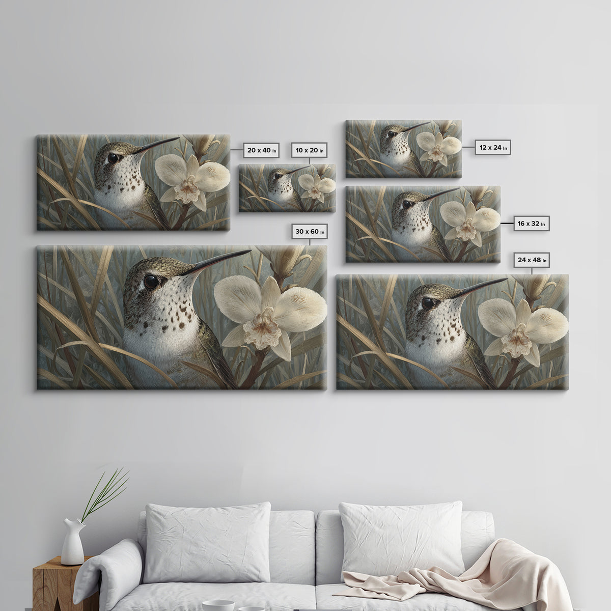 Orchid and Hummingbird Composition Framed Canvas Print, Tropical Art, Minimalist Decor, Living Room Decor, Fine Art, Tropic, TRO-2x1-30